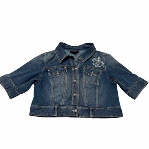 Vintage Y2K Cropped Short Sleeve Denim Jacket Women’s Large Rhinestone Bling